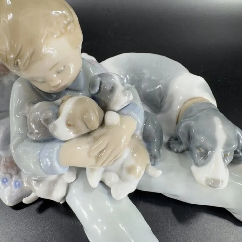 Lladro Sweet Dreams Boy Sleeping with Puppies‎ Glossy Porcelain Figurine Vintage